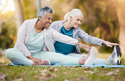 Buy stock photo Stretching, yoga and senior women in park for muscle health, retirement workout or training on grass or ground. Pilates, exercise and happy, diversity and elderly friends or people in outdoor fitness