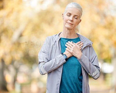 Buy stock photo Fitness, heart attack and senior woman on a run for race, marathon or sports training in a park. Nature, health and elderly female person with a chest condition while doing cardio workout or exercise