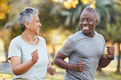 Buy stock photo Fitness, morning and running with old couple in park for Health, workout and exercise. Wellness, retirement and happy with senior black man and woman in nature for motivation, sports and cardio