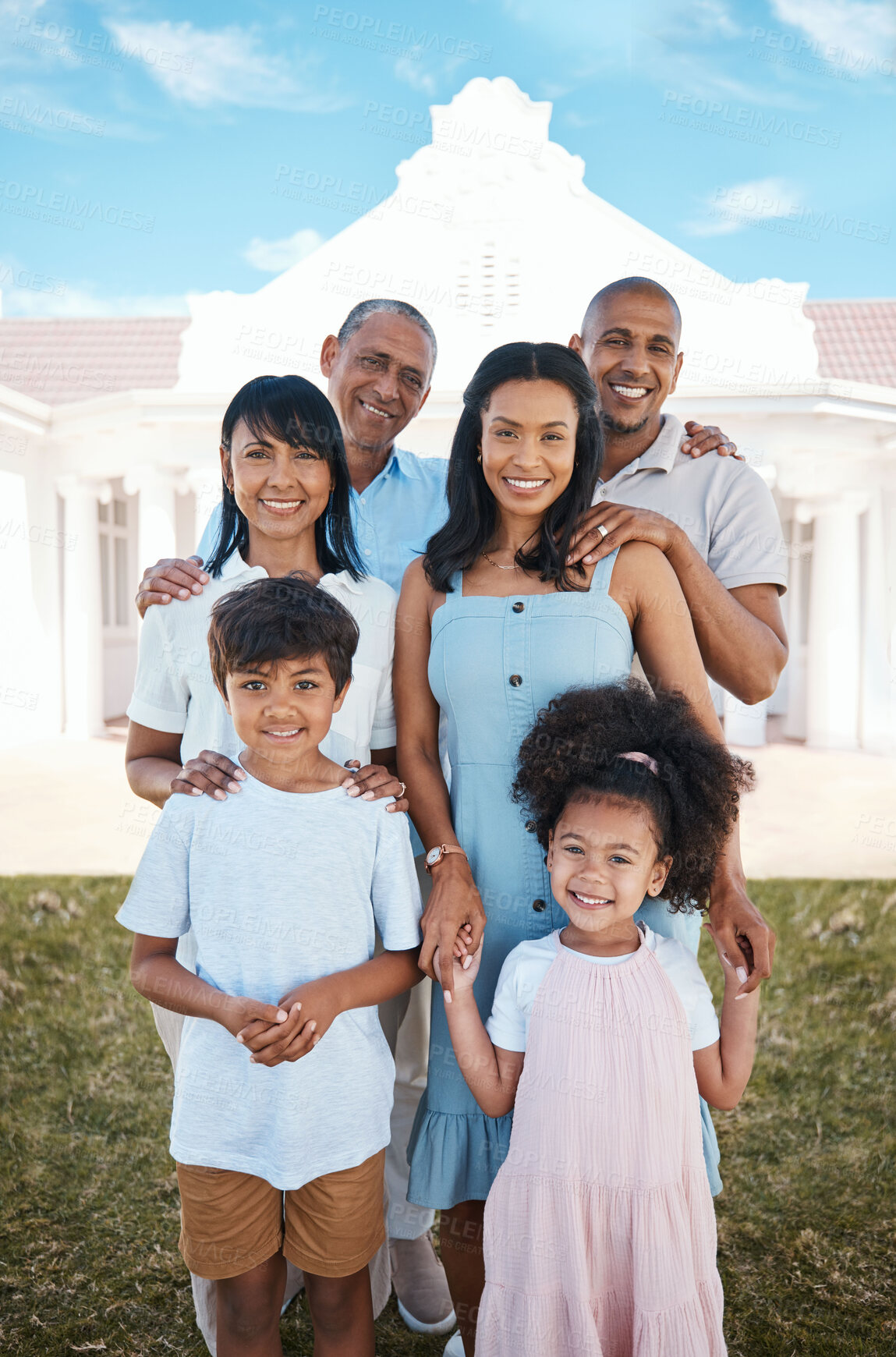 Buy stock photo Big family, portrait and smile at new home, outdoor and bonding together. Happy, grandparents and mother, father and children having fun, care and enjoying quality time in backyard with generations.