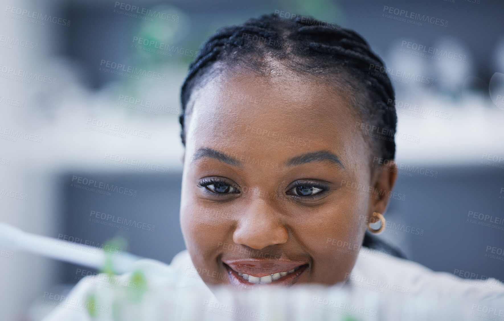 Buy stock photo Research, happy woman or scientist with plants in test tubes for analysis, sustainability or leaf growth. Science blur, studying biotechnology or biologist smiling in laboratory for agro development