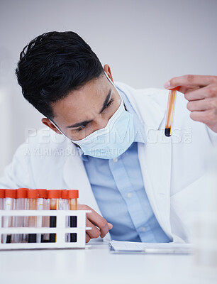Buy stock photo Blood test, tube and scientist man with research analysis, vaccine and healthcare face mask in laboratory. Medical, science doctor or person focus, inspection and red, dna liquid or covid 19 solution