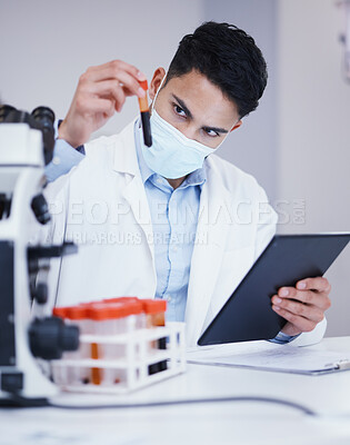 Buy stock photo Science, blood test and man with tablet for research analysis, vaccine or healthcare, face mask and laboratory. Medical data, scientist doctor or person on digital technology for covid or dna results