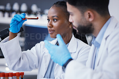 Buy stock photo Science, collaboration and scientists with a blood test in a lab working on a experiment, test or exam. Medical, pharmaceutical and team of researchers doing scientific dna research in a laboratory.