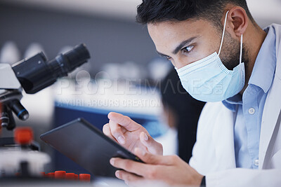 Buy stock photo Scientist man, tablet and microscope analysis for dna, pharmaceutical company and virus in laboratory. Guy, medical research and digital touchscreen for data, info and pharma study for healthcare