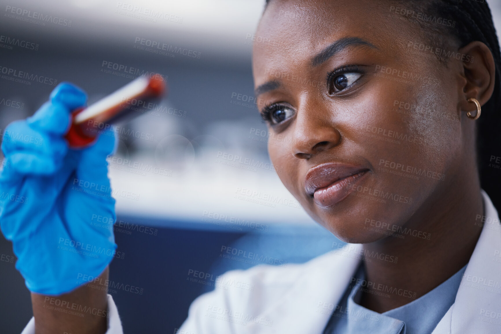 Buy stock photo Science, blood vial and female scientist in a lab working on a medical experiment, test or exam. Biotechnology, pharmaceutical and African woman researcher doing scientific research in a laboratory.