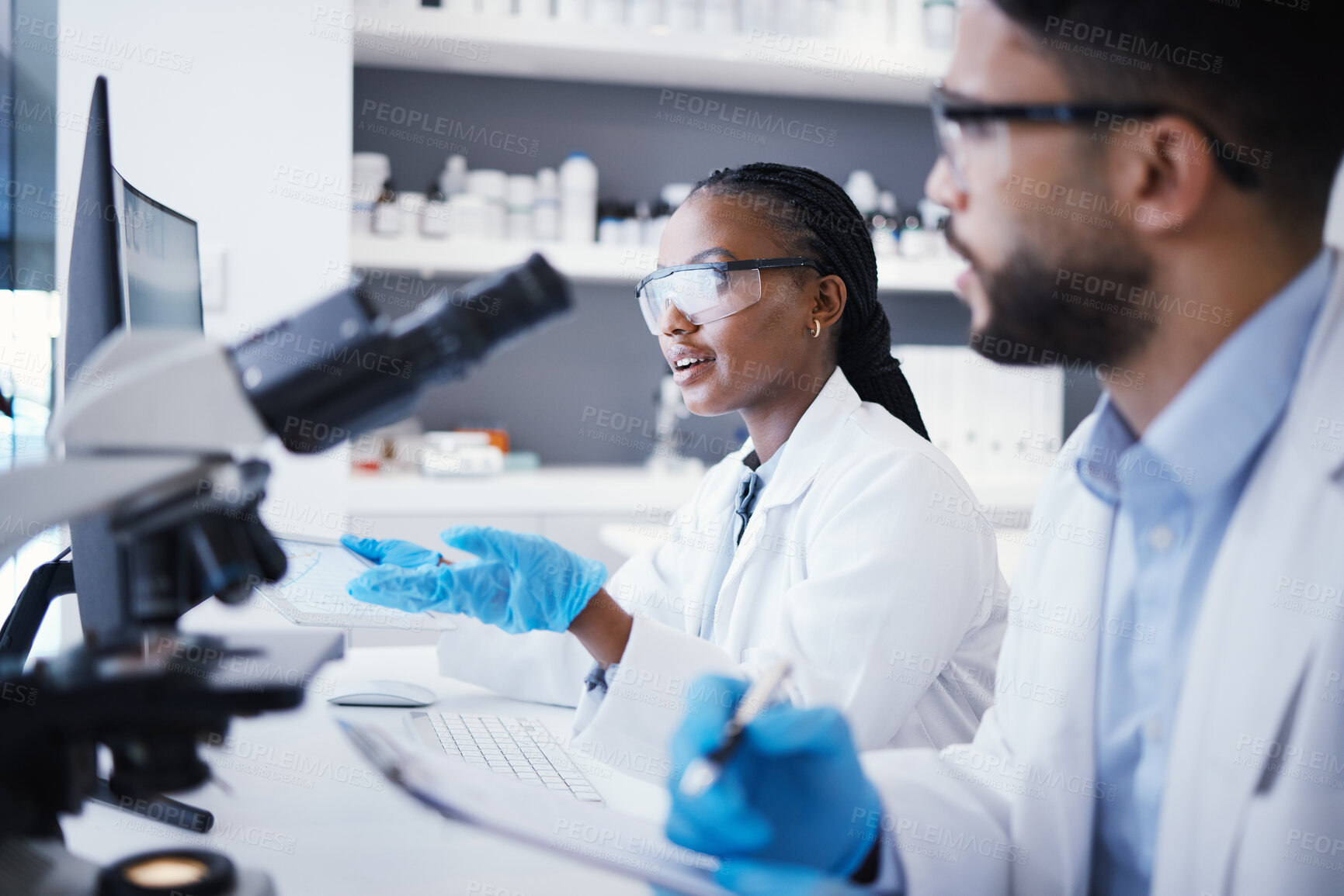 Buy stock photo Scientist man, woman and checklist in laboratory with microscope, pc or analysis for virus dna at pharma job. Teamwork, medical research and digital touchscreen for data, info and study for wellness