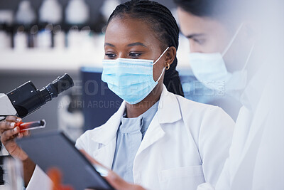 Buy stock photo Blood test, tablet and scientist people for research analysis, vaccine or healthcare, face mask and laboratory. Medical data, science team or students on digital tech for covid results or dna in tube