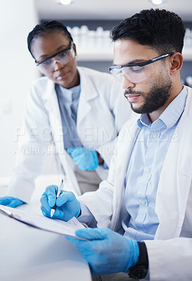 Buy stock photo Results, teamwork or scientist writing research notes for analysis on experiment, medical info or innovation. Science, biotechnology or a in a laboratory with documents for agro development