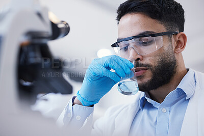 Buy stock photo Man, smell or scientist with liquid to research for a test analysis, experiment or medical innovation. Beaker, studying biotechnology or researcher sniffing in laboratory for science development 