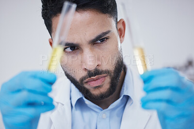 Buy stock photo Science, test tube and man thinking of research, vaccine solution and data analysis in laboratory investigation. Healthcare, medical scientist or young person focus for medicine or liquid comparison
