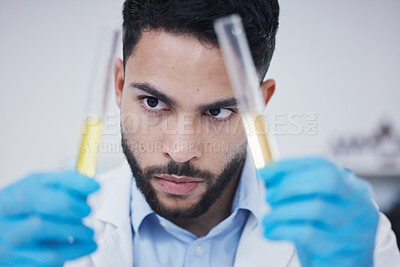 Buy stock photo Test tube, scientist thinking and man in research, vaccine solution or data analysis in laboratory investigation. Healthcare, medical and young science person focus with medicine or liquid comparison