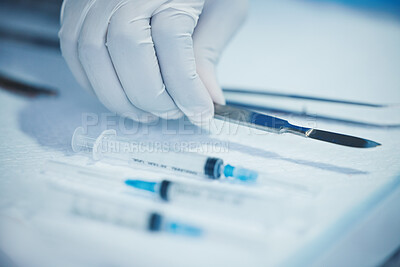 Buy stock photo Closeup of hand, doctor and medical tools, scalpel and needle syringe for surgical procedure in healthcare. Medicine, health insurance and operation, surgeon person in hospital with clean instruments