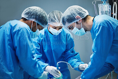 Buy stock photo Team of doctors n surgery, health and surgical procedure start with PPE and collaboration in operation theatre in hospital. Medical, healthcare insurance and safety gear with surgeon people in clinic