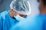 Hospital, surgery and team of doctors in theatre for medical support, teamwork or healthcare solution in face mask. Focus of nurses and surgeon in blue scrubs in operating room, emergency and helping