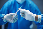 Surgery, nurse hands doctor syringe with medicine and surgical procedure, closeup and healthcare in hospital. Health insurance, needle and injection with drugs and surgeon people in operating room