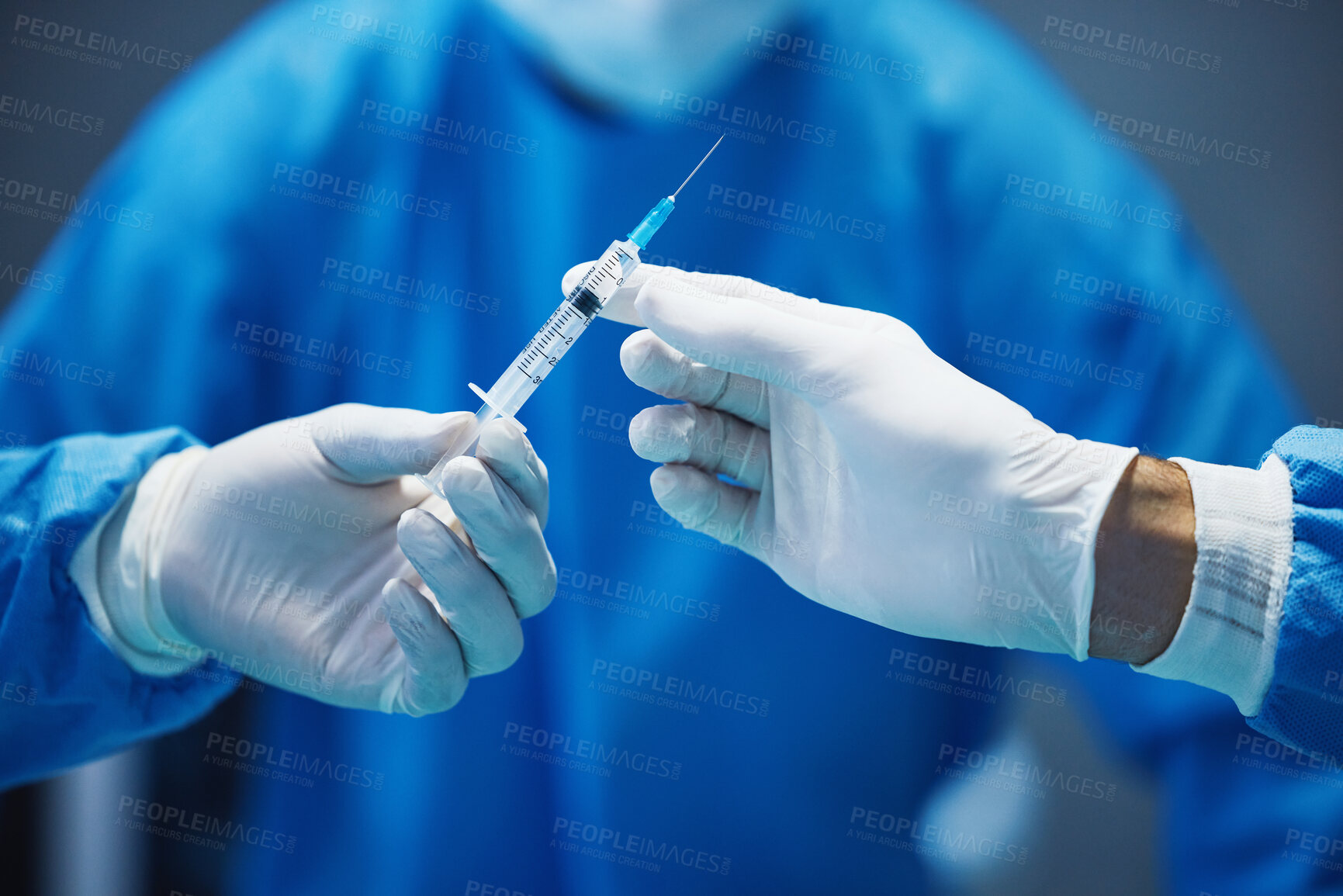 Buy stock photo Surgery, nurse hands doctor syringe with medicine and surgical procedure, closeup and healthcare in hospital. Health insurance, needle and injection with drugs and surgeon people in operating room