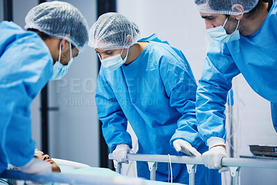 Buy stock photo Mask, surgery and team of doctors working with patient, person in bed or operation in hospital with healthcare workers. Medicine, collaboration and trust in nurses, surgeon or people in clinic