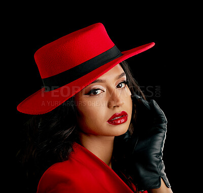 Buy stock photo Woman, retro spy and glamour portrait in studio with vintage fashion and cosplay agent. Young female person, black background and luxury style with cosmetics, 1920s clothes and model with confidence