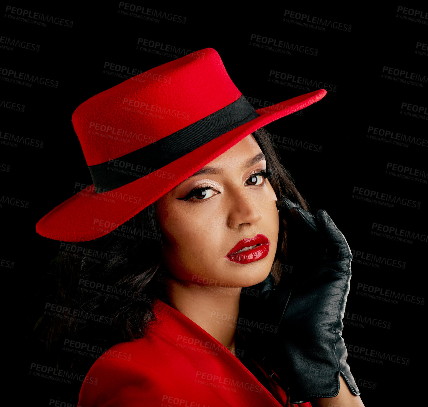 Buy stock photo Woman, retro spy and glamour portrait in studio with vintage fashion and cosplay agent. Young female person, black background and luxury style with cosmetics, 1920s clothes and model with confidence