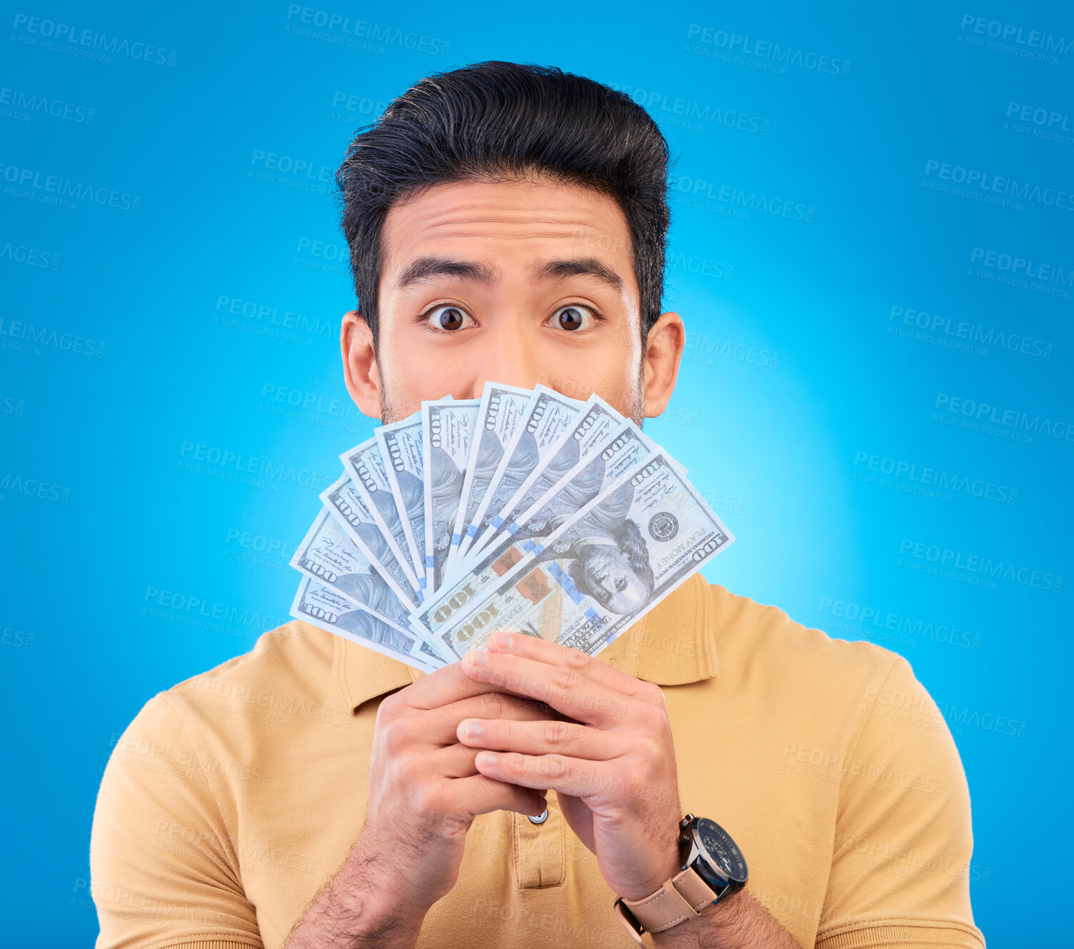 Buy stock photo Money, shocked face and man with financial surprise, winning or savings mistake isolated on blue, studio background. Lottery, finance secret and asian person gambling, bonus and cashback in portrait