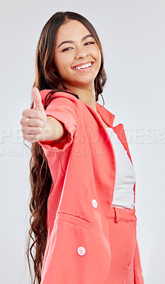 Buy stock photo Portrait, support and woman with thumbs up, agreement and success against a white studio background. Winner, female person or model with hand gesture, achievement or sign with positive symbol or like