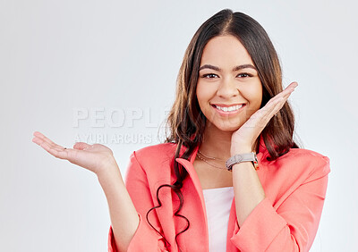 Buy stock photo Fashion, portrait or hand of happy woman for sale, retail product offer or discount deal in studio. Option, customer or girl showing mockup space or menu choice promotion isolated on white background