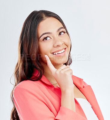 Buy stock photo Thinking face, professional smile or happy woman planning solution, problem solving or strategy idea. Corporate, studio or person brainstorming plan, decision or choice of vision on white background
