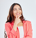 Thinking, face and happy woman planning corporate solution, problem solving inspiration or strategy ideas. Smile, studio and business person brainstorming plan, decision or choice on white background