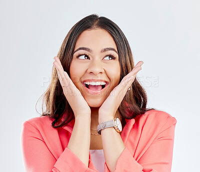 Buy stock photo Woman, excited and hands on face in studio for announcement, promotion or sale. Headshot of a happy woman on a studio background for wow surprise, discount or facial expression for gossip or secret