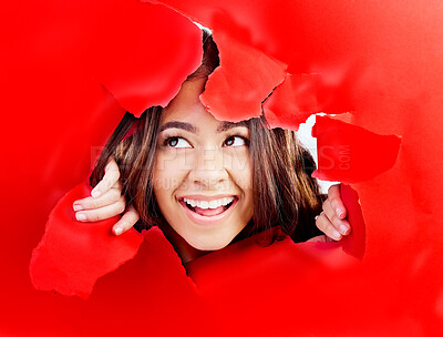 Buy stock photo Thinking, breaking wall and woman with ideas, surprise and breakthrough with happiness, excited and deal. Decision, female person and model with a hole, boundary and torn with choice and opportunity