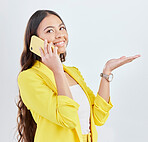 Phone call, business and happy woman palm gesture for sales product space, promotion or corporate announcement. Cellphone communication, presentation and professional person smile on white background