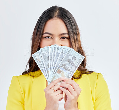 Buy stock photo Money, hidden portrait and professional woman with cash dollar prize, finance competition win or giveaway. Studio winner, pay and corporate person face with 401k, wealth or rich on white background