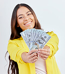Money, studio portrait or happy woman, business trader or person show cash dollar prize, competition win or giveaway. Winner, pay or corporate agent face with 401k, wealth or rich on white background