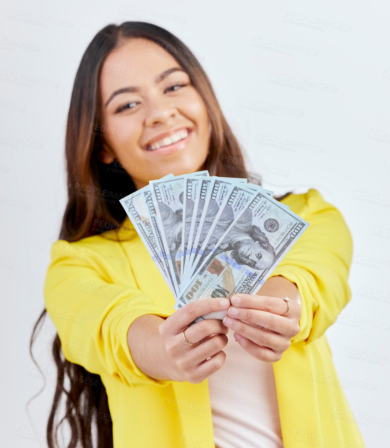 Buy stock photo Money, studio portrait or happy woman, business trader or person show cash dollar prize, competition win or giveaway. Winner, pay or corporate agent face with 401k, wealth or rich on white background