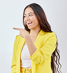 Studio pointing, corporate and happy woman with sales discount, promotion notification or business brand announcement. Commercial deal, presentation gesture or professional person on white background