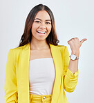 Studio pointing, business portrait and happy woman with advertising, promotion notification or corporate brand announcement. Commercial, direction gesture or sales person smile on white background
