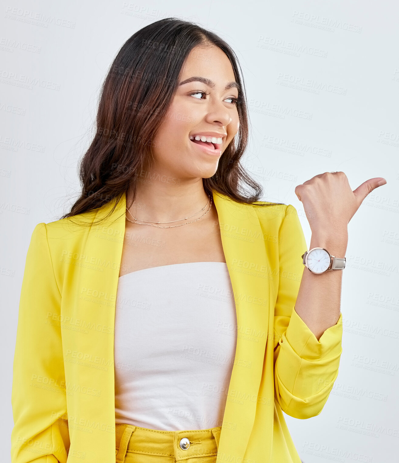 Buy stock photo Studio pointing, business smile and happy woman with service advertising, promo news notification or brand announcement. Commercial, direction gesture or person excited for sales on white background