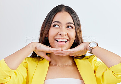 Hands, under chin and woman with happy face in studio isolated on a white background. Excited, skincare and person pose for beauty, fashion or facial treatment for healthy skin, wellness or aesthetic