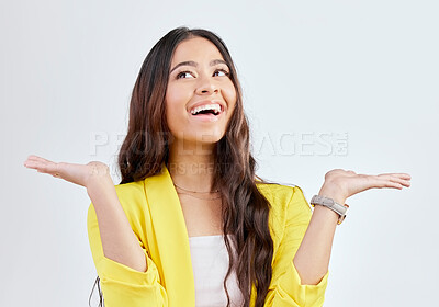 Buy stock photo Thinking, excited and happy woman comparison with business space, mock up scale balance or corporate option. Advertising smile, palm gesture and studio person with decision choice on white background