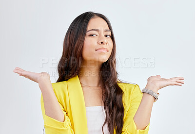 Buy stock photo Portrait, studio or business woman comparison with mockup space, scale balance or curious over corporate opinion. Face, palm gesture or female agent with doubt, decision or choice on white background