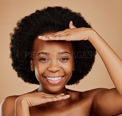 Buy stock photo Face, black woman and skincare frame for beauty in studio isolated on a brown background. Portrait, natural cosmetics and happy model with healthy skin, wellness and aesthetic in spa facial treatment