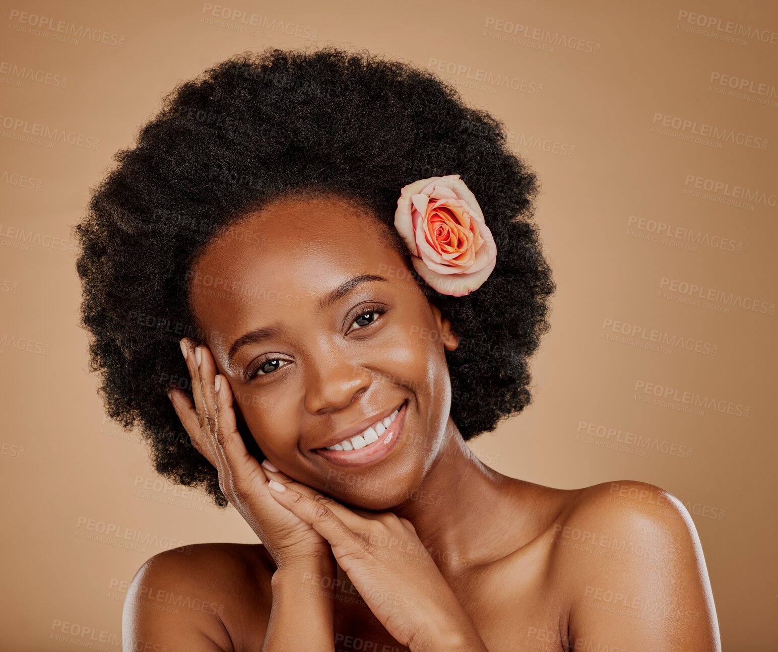 Buy stock photo Self care, floral and portrait of woman in studio with beauty, natural and face routine. Skincare, beauty and African female model with flower rose in hair for facial treatment by a brown background.