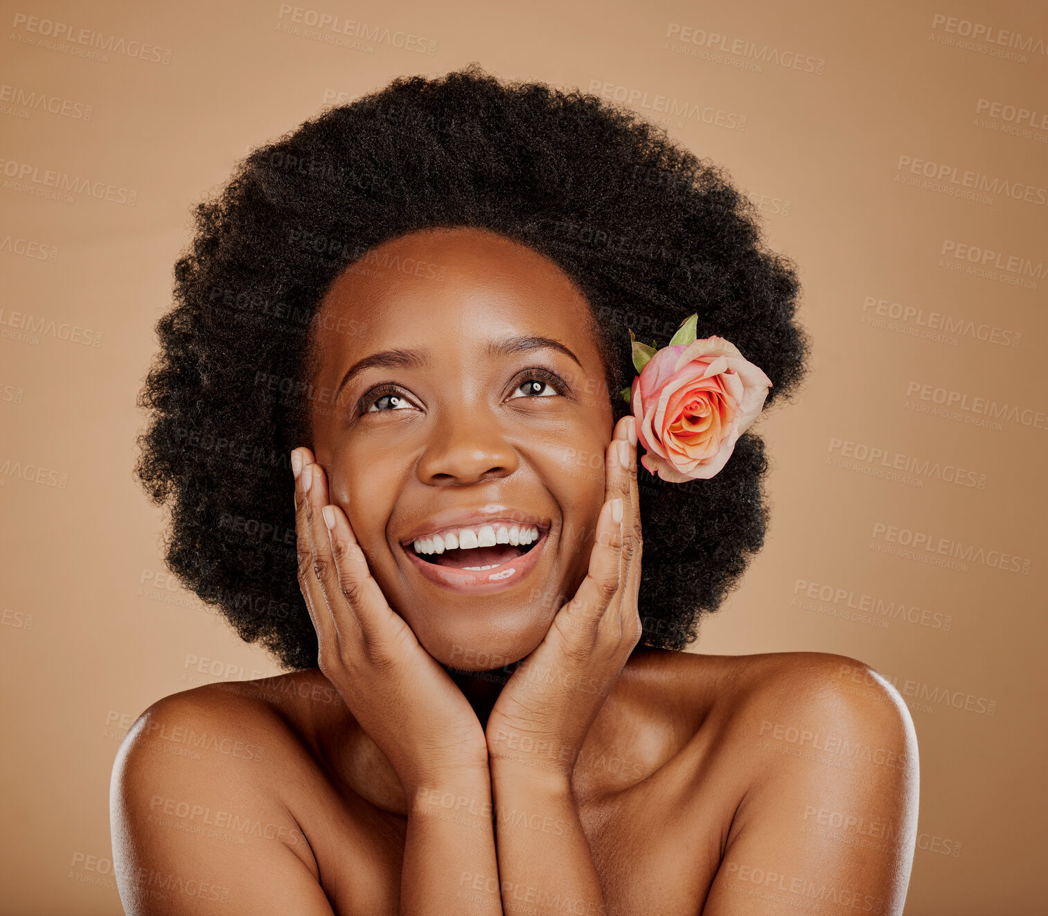 Buy stock photo Face, black woman and skincare with rose for beauty in studio isolated on a brown background. Floral flower, excited and African model with natural cosmetics, thinking and organic facial treatment.