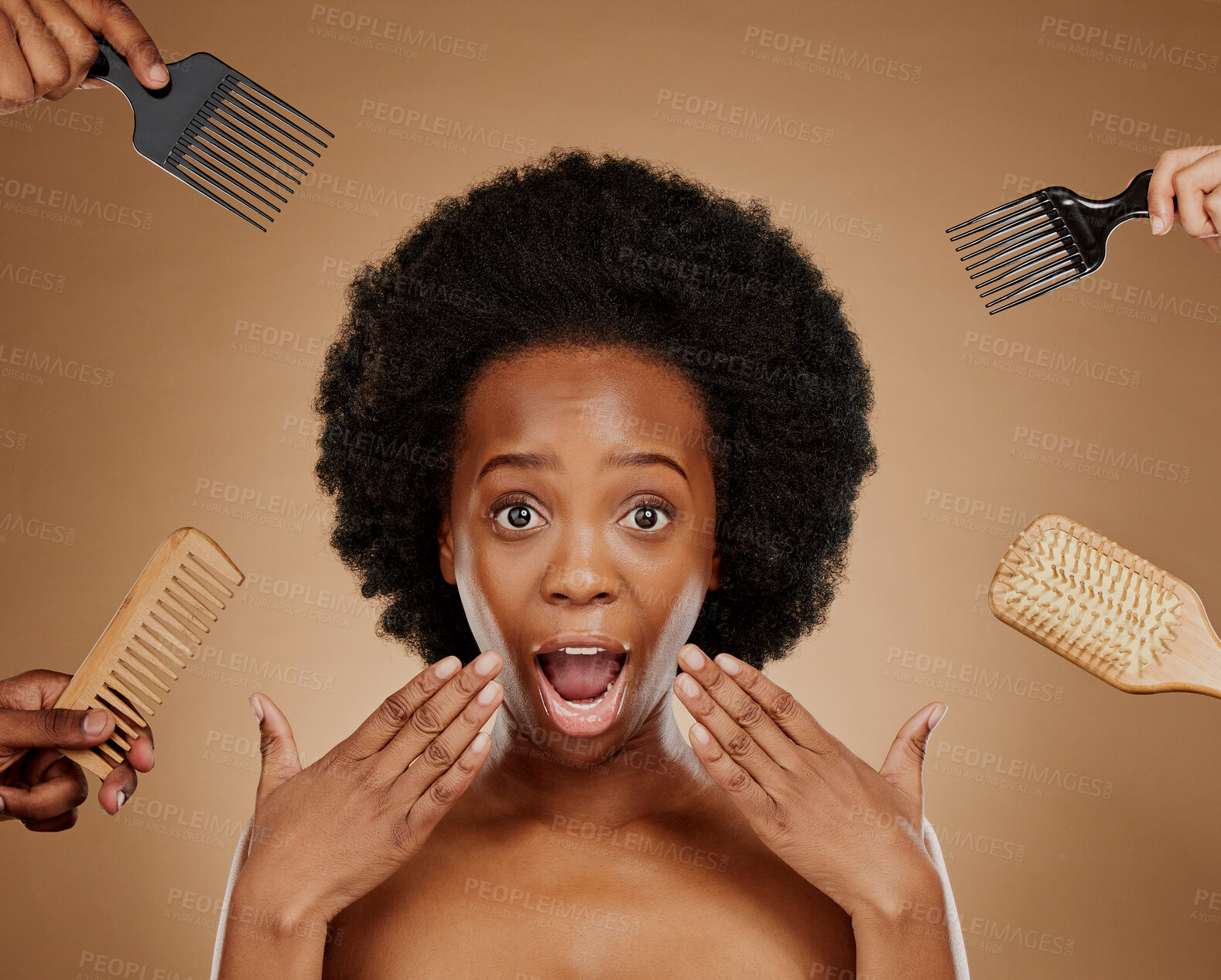 Buy stock photo Portrait, wow and hands in a salon with a black woman in studio on a brown background for beauty or cosmetics. Face, afro and hair with a young female person looking surprised at natural care options