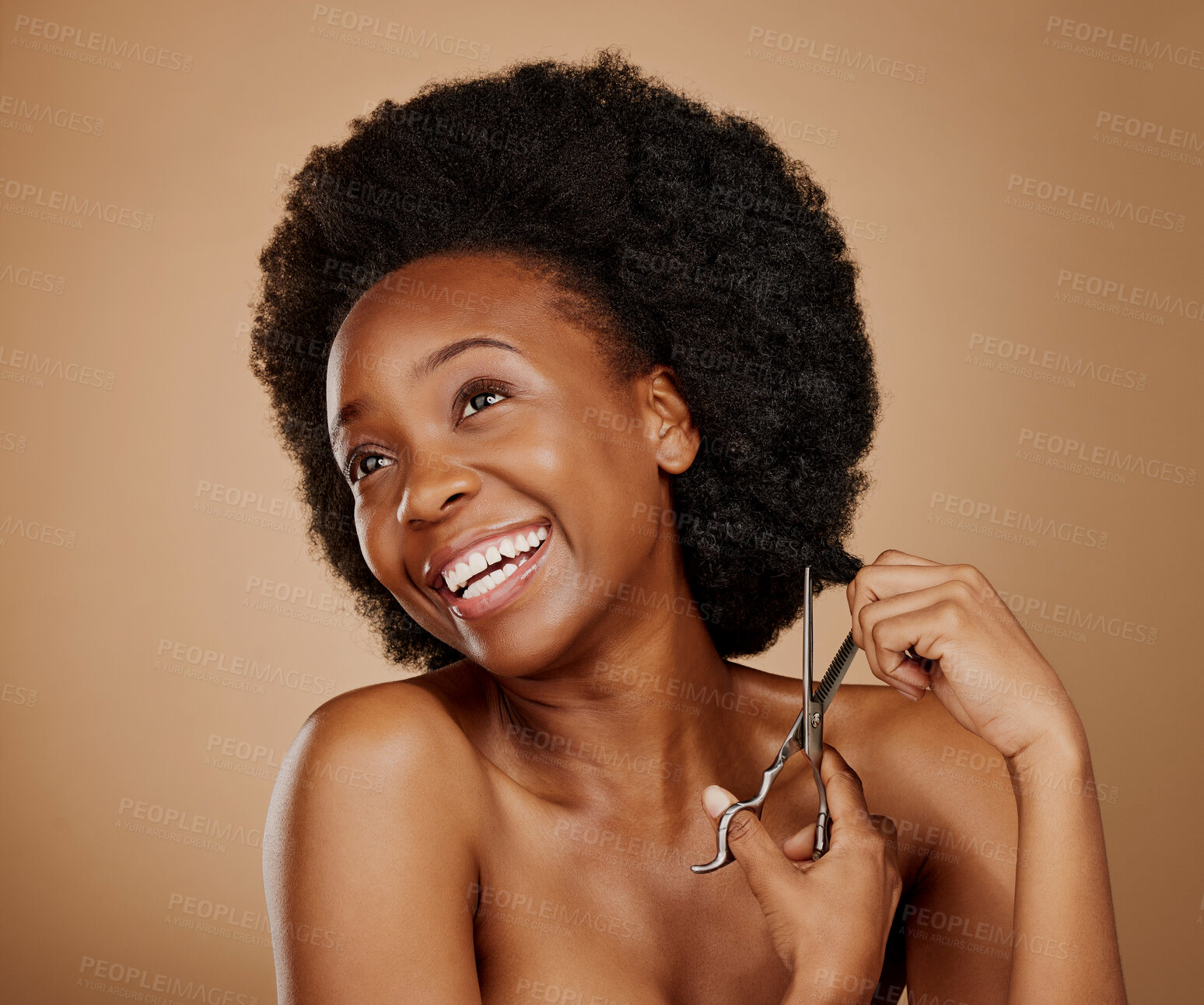 Buy stock photo Thinking, happy and black woman cutting hair as hairdresser, damage or idea for afro style. Smile, salon and an African girl or model with scissors for a hairstyle idea isolated on studio background