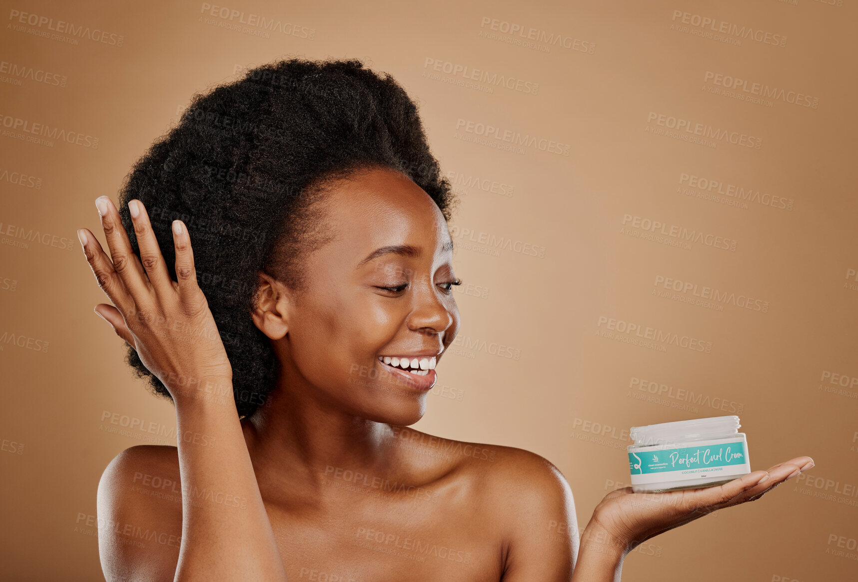 Buy stock photo Happy, thinking and a black woman with a product for hair care, wellness and shine. Smile, beauty and an African girl or model with a vision for afro cosmetics in a container on a studio background