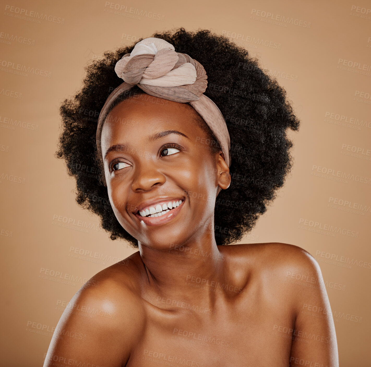 Buy stock photo Black woman, smile and hair scarf for care in studio isolated on a brown background. Natural cosmetics, thinking and African model with head wrap after salon treatment for afro, wellness or hairstyle