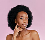 Portrait, beauty and black woman with dermatology, cosmetics and wellness against a pink studio background. Face, female person or model with treatment, luxury and makeup with self care and aesthetic