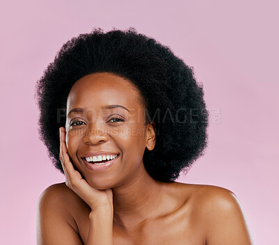 Buy stock photo Happy, skincare and portrait of black woman with a beauty glow, spa smile or wellness. Dermatology, moisture and African girl or model with an afro and cosmetic health isolated on a studio background